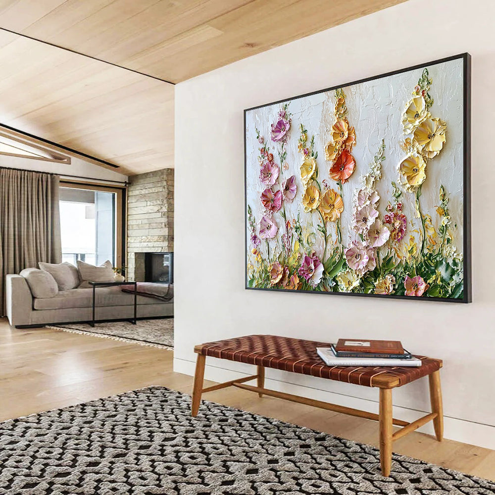 “Textured Floral Burst” - Pinks, Yellows, Purples, 3D Flower Relief - Palette Knife Floral Painting HB1558