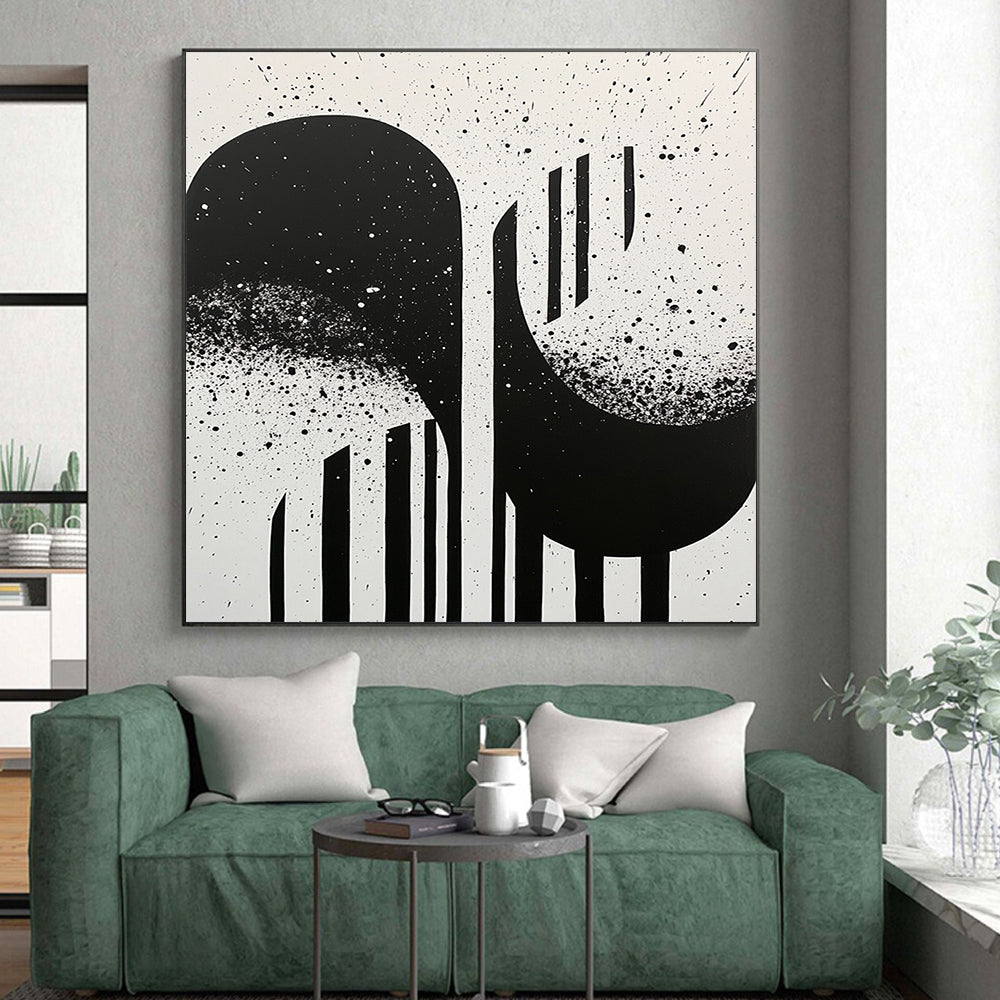 Black, White, Splattered Shapes "Ink Splatter Silhouettes" Abstract Expressionist Painting On Canvas HB175