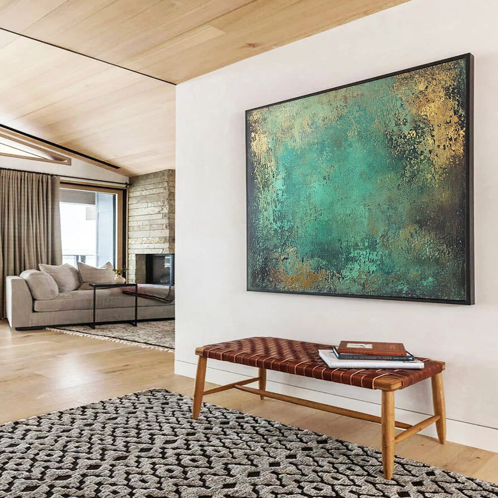 “Teal - Gold Textured Canvas” - Vibrant teal with gold accents, Textural Abstract Painting On Canvas HB0550