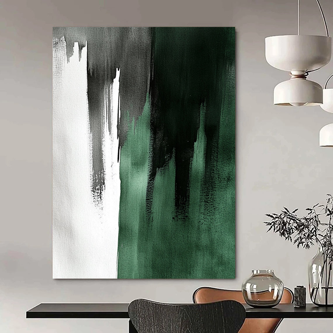 Large contemporary hand-painted abstract artwork featuring emerald green and gray with elegant brushstrokes creating a striking light and shadow contrast. DLZ1736