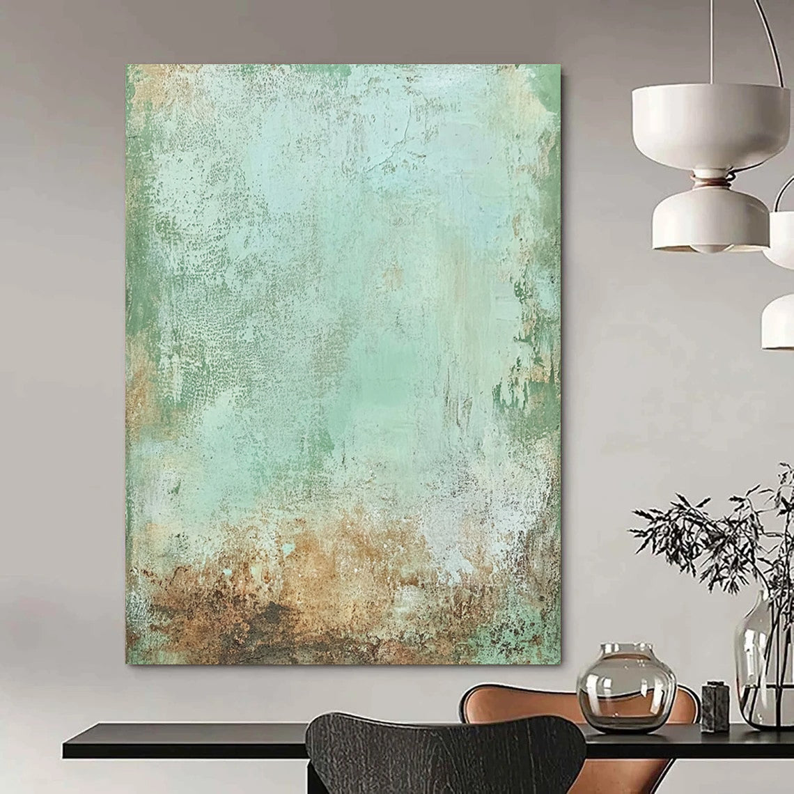 Contemporary hand-painted abstract art featuring soft greens browns and pale blues with rusted metal textures for a rustic elegant backdrop. DLZ1478