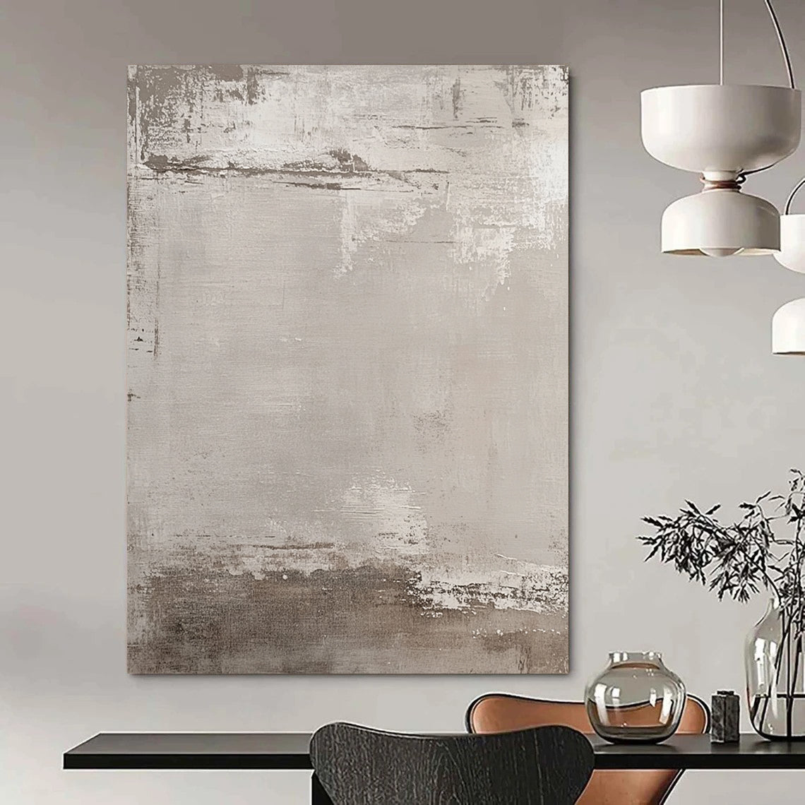 Large contemporary hand-painted abstract artwork featuring muted beige and gray tones with an industrial urban feel and textured brushstroke background. DLZ1173