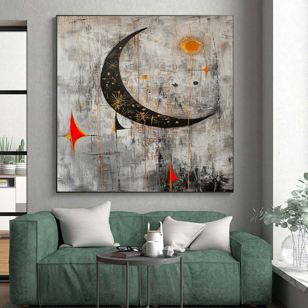 Gray, Black, Gold, Orange and Red Celestial Motifs "Starry Night Revisited" Painting On Canvas HB335