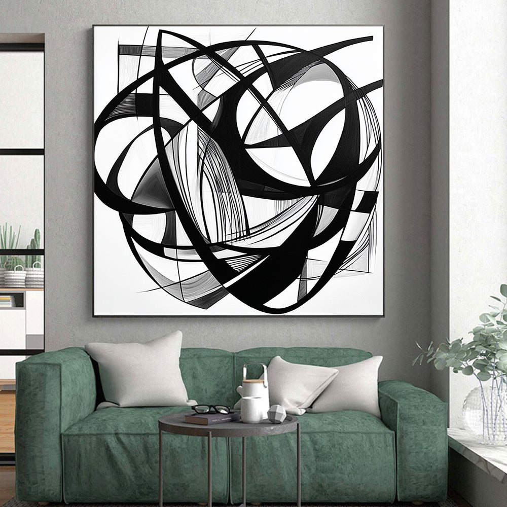Black Intertwined Lines & Shapes - “Complex Ink Geometry” Painting On Canvas HB240
