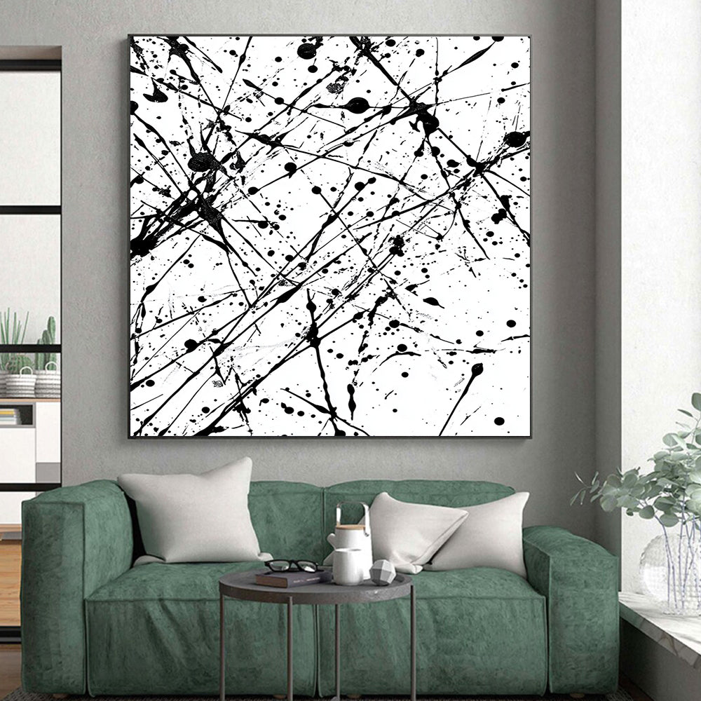 Black and White Splattered Lines "Chaotic Energy" Painting On Canvas HB251