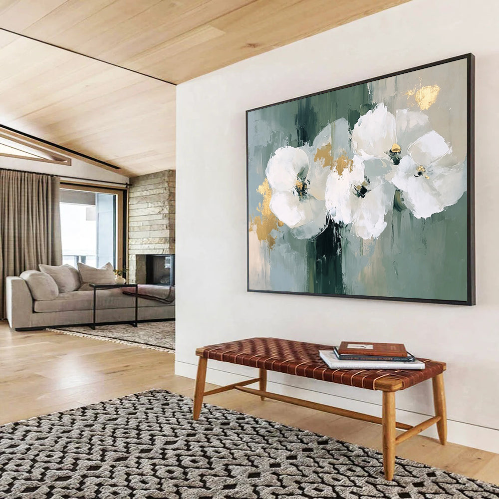 “White Flowers with Gold Accents” - Green, White, Gold with Floral Forms - Painting On Canvas HB1405