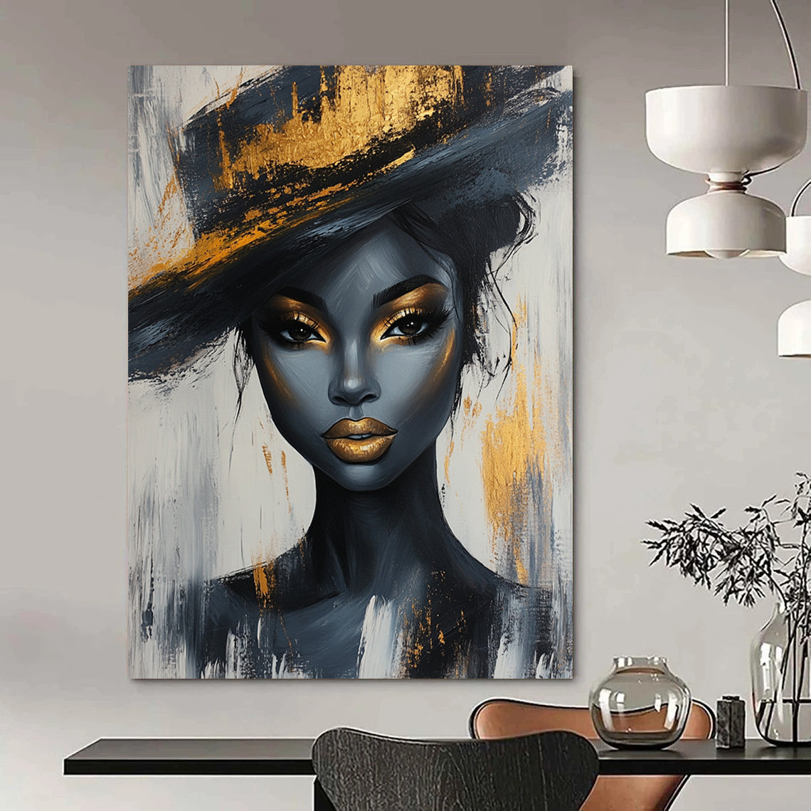 Contemporary abstract portrait of a Black woman with gold accents and elegant hat on white and grey background, crafted in acrylic on canvas. DLZ0784