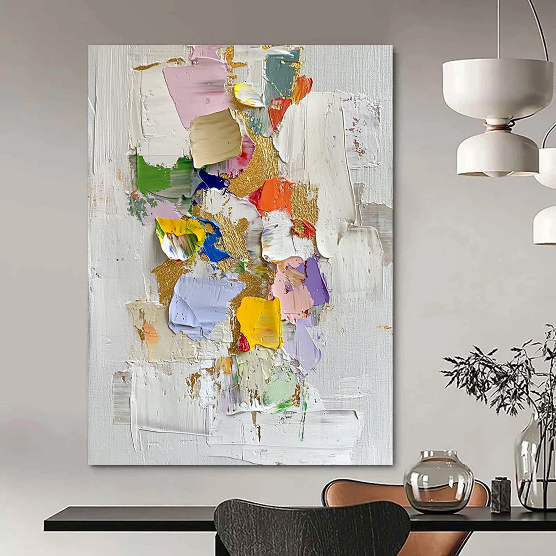 Contemporary abstract oil painting features gold leaf accents thick textures and vibrant colors on a white background with scattered colored paper pieces. DLZ0451