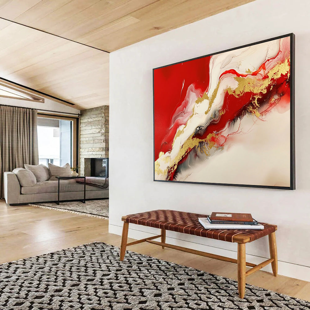 “Red White Gold Flow” - Red, White, Gold - Fluid Abstract Swirls - Resin Painting HB1299