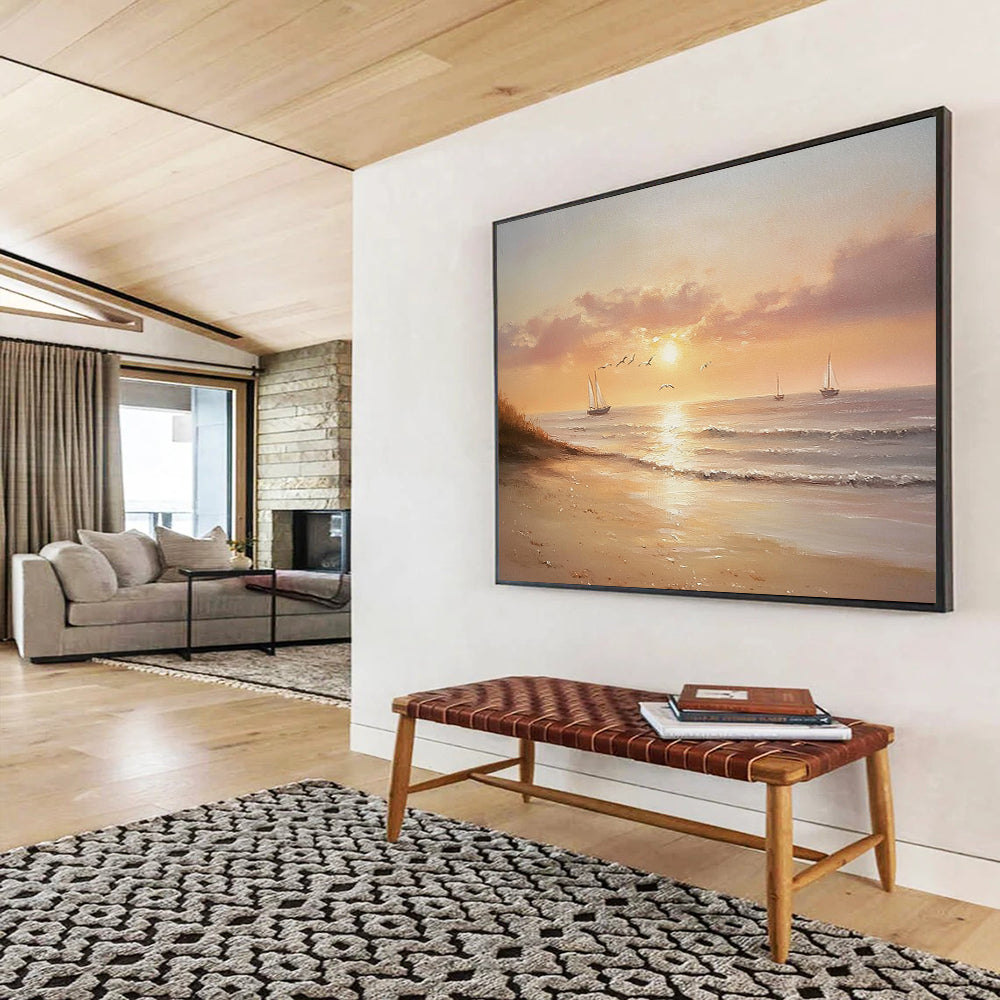 “Serene Sunset Beach” - Oranges, Pinks, Purples, Calm Beach with Sailboats - Realist Oil Painting HB1720
