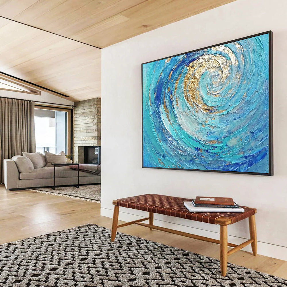 “Golden - Blue Spiral Flow” - Blue, Gold, Spiral Waves Painting On Canvas HB0726