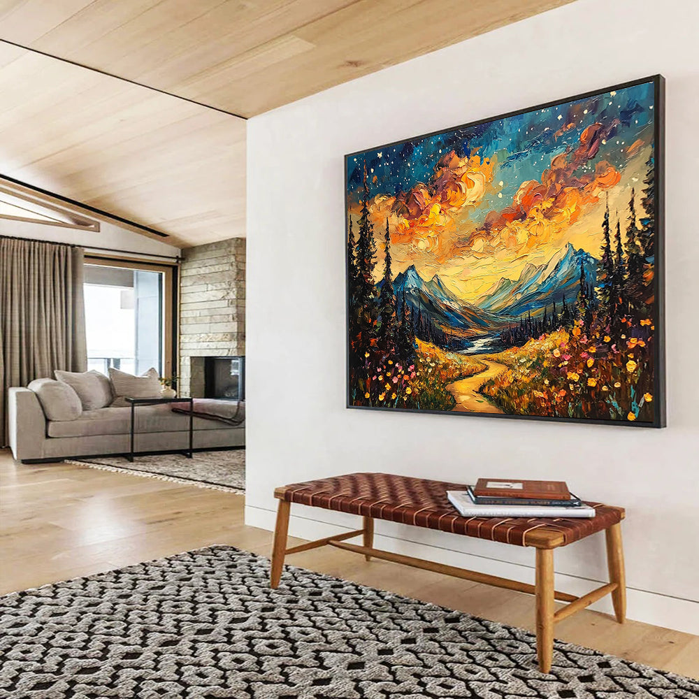 “Starry Mountain Path” - Vivid sunset clouds, colorful wildflowers, Impasto Landscape Painting On Canvas HB0567