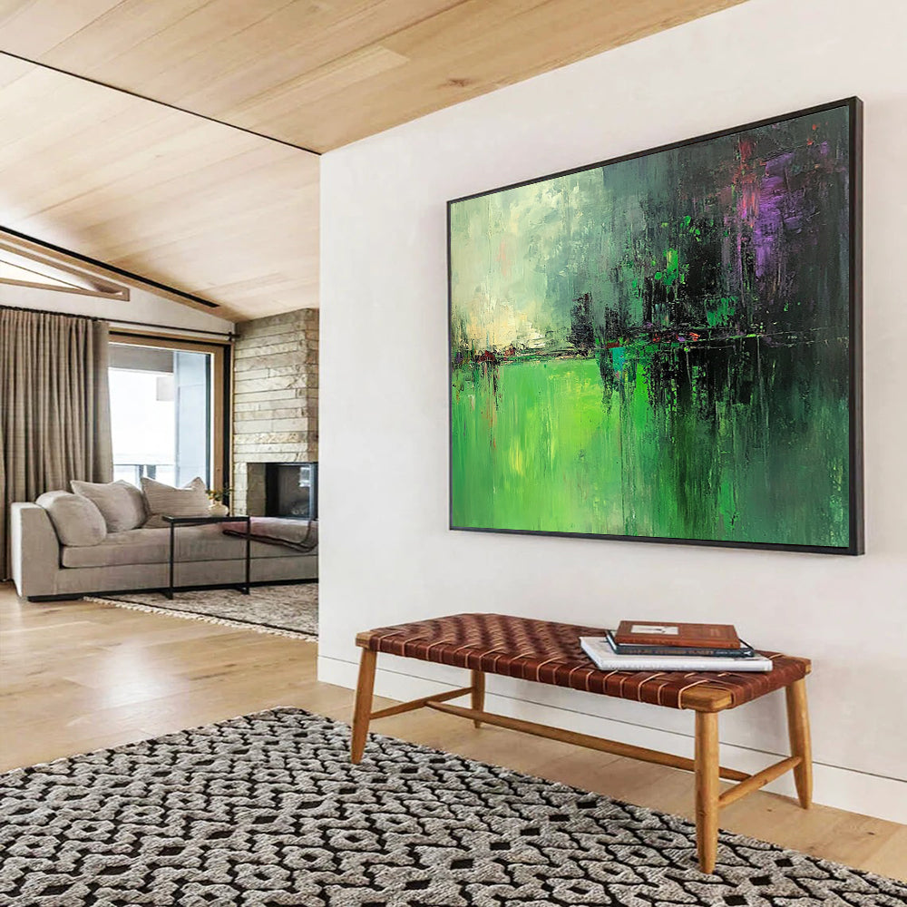 “Green Abstract Landscape” - Green, Purple, Gray, Abstract Landscape Painting On Canvas HB0989