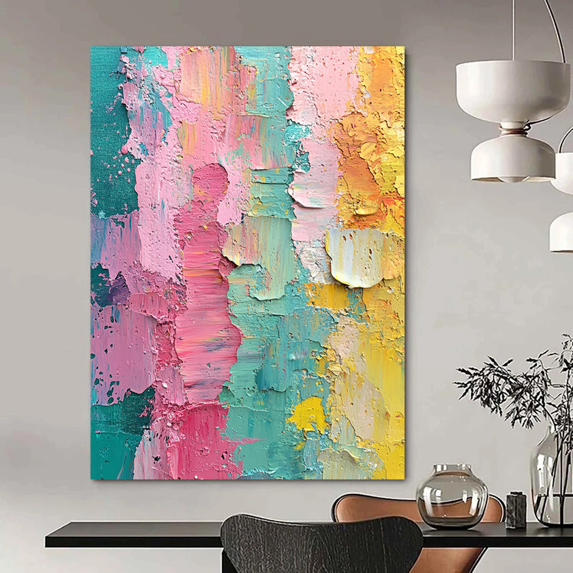 Contemporary hand-painted abstract artwork featuring vibrant pink green yellow and teal layers with textured brushstrokes and the word blessed at its center. DLZ1248