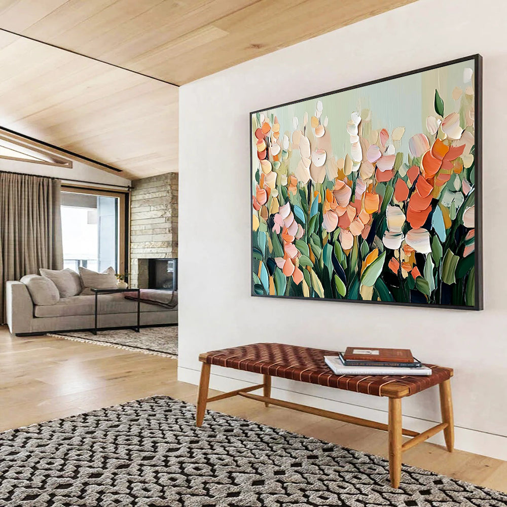 “Soft - Toned Floral Field” - Muted Palette, Layered Floral Landscape Painting On Canvas HB0878
