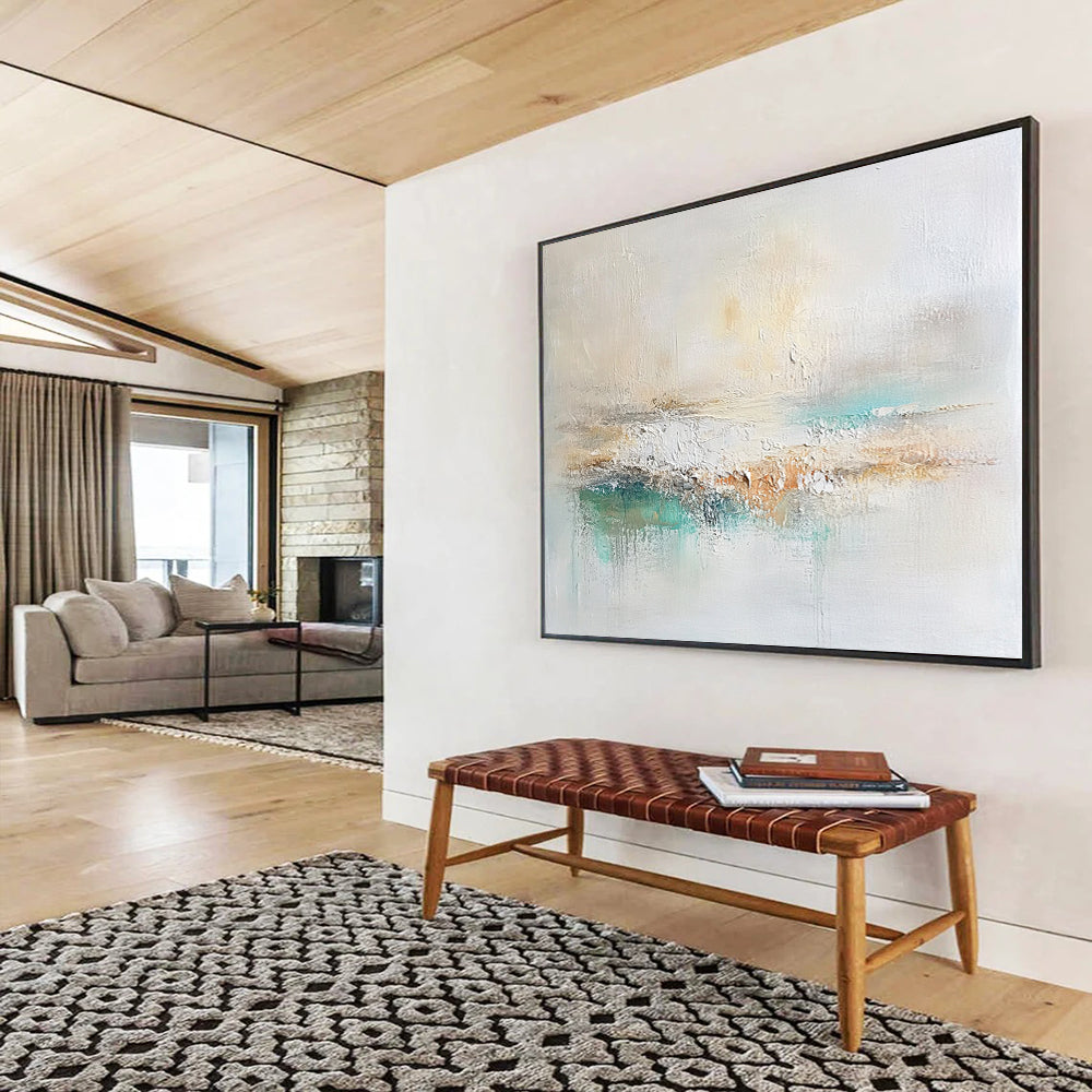 “Soft Neutral Abstract Landscape” - Beige, White, Teal, Gentle Textured Painting On Canvas HB1004