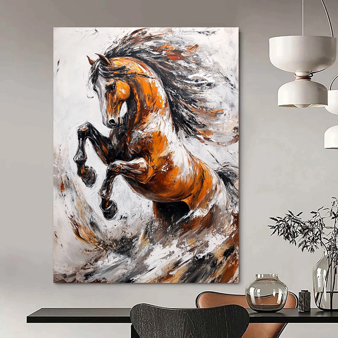 Contemporary abstract artwork featuring an elegant wild horse rearing up against splashes and waves in a dynamic light gray and brown palette. DLZ1665