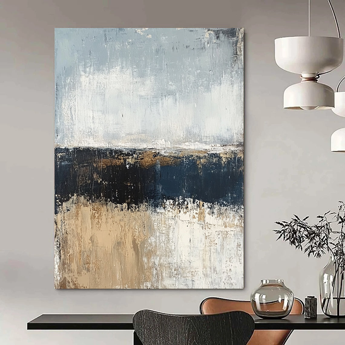 Contemporary hand-painted abstract artwork featuring a serene ocean shore in muted gray and blue tones with a neutral palette of beige and brown in oil paint. DLZ0955