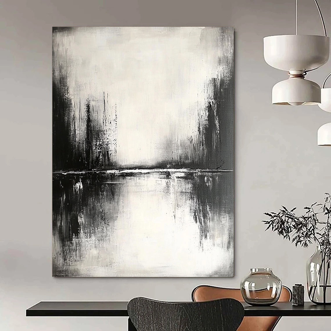 Contemporary abstract painting featuring tranquil reflections on water with muted tones and soft edges creating a serene atmosphere. DLZ0308