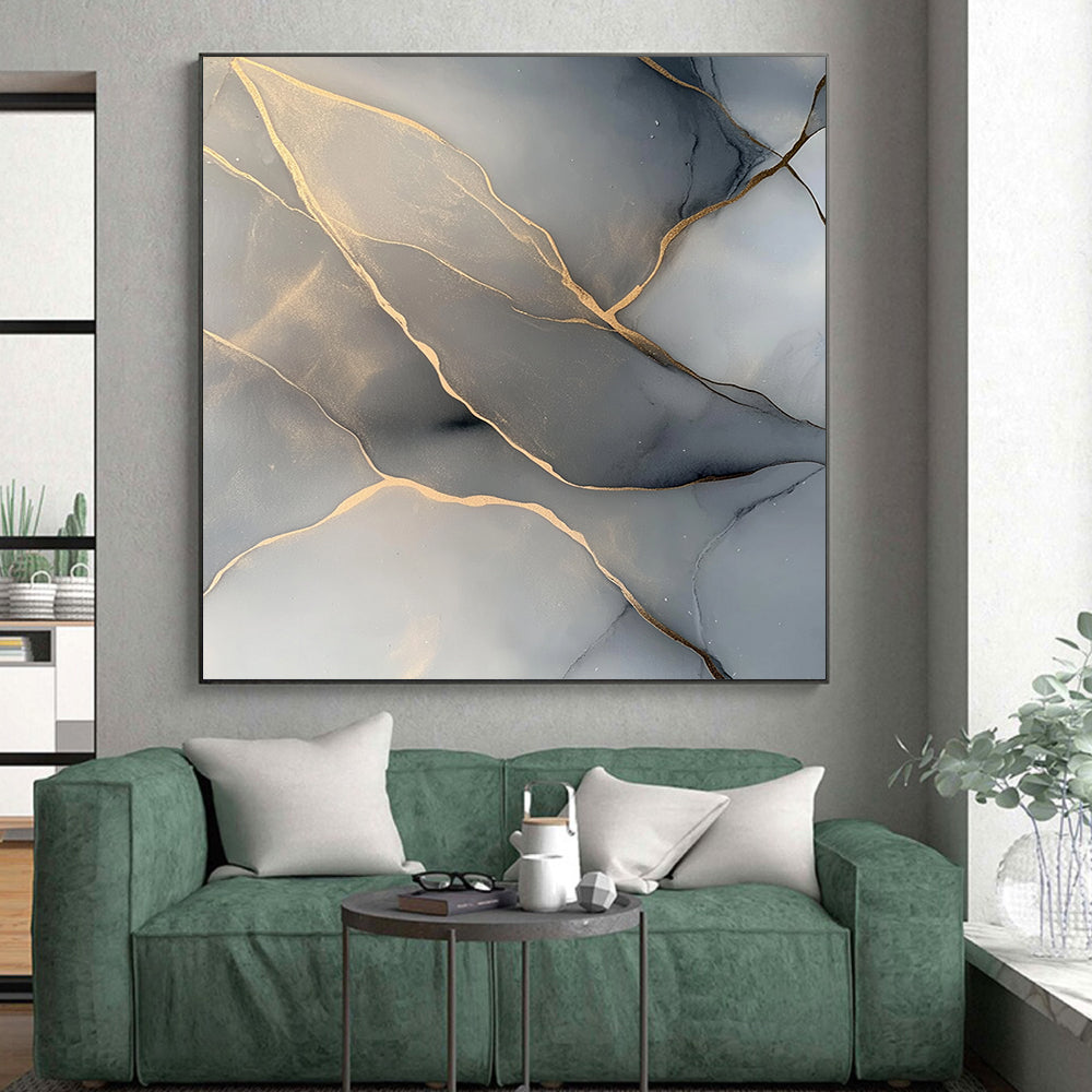Gray, Gold, Veined Patterns "Marble Majesty" Abstract Painting On Canvas HB040