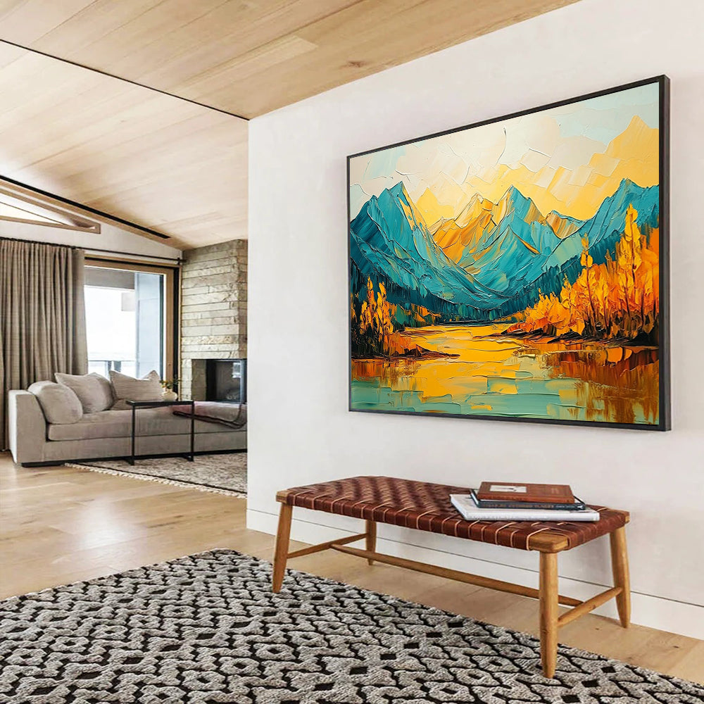 “Vibrant Mountain Reflection” - Blues, Yellows, Oranges, Mountain Lake with Bold Reflections - Impasto Oil Painting HB1714