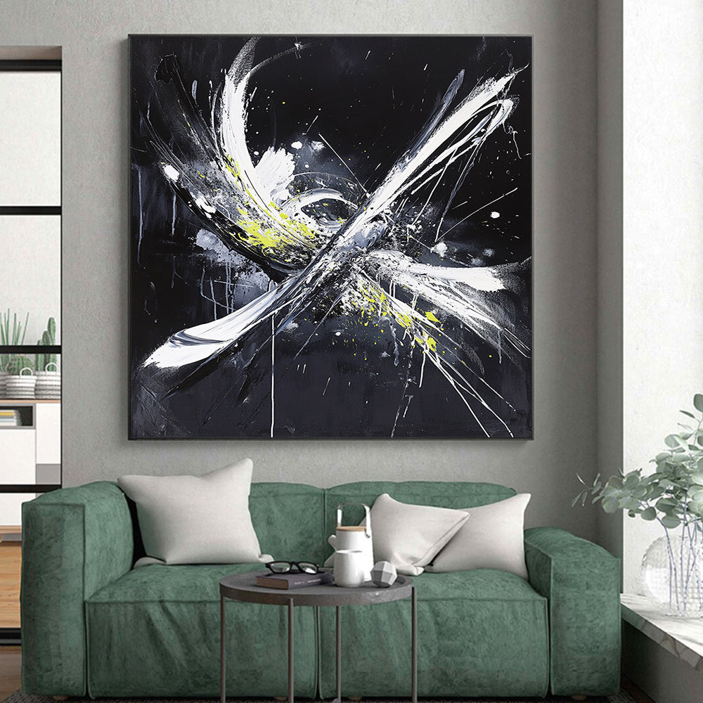 Black, White, Gray, Yellow, Explosive Strokes "Energetic Burst" Abstract Expressionist Painting On Canvas HB067