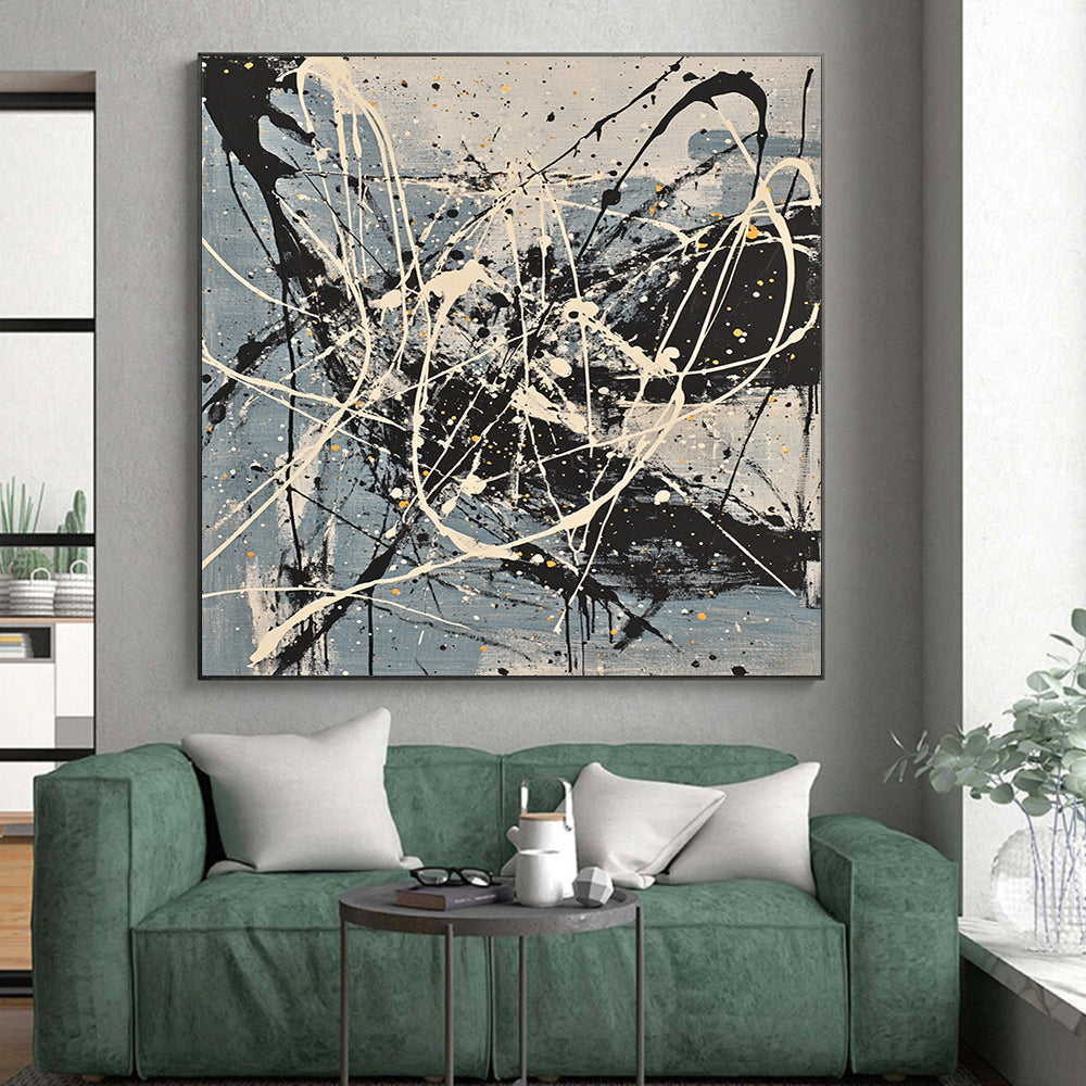 Gray, Black, White, Yellow, Splattered Cords "Dynamic Network" Abstract Expressionist Painting On Canvas HB066