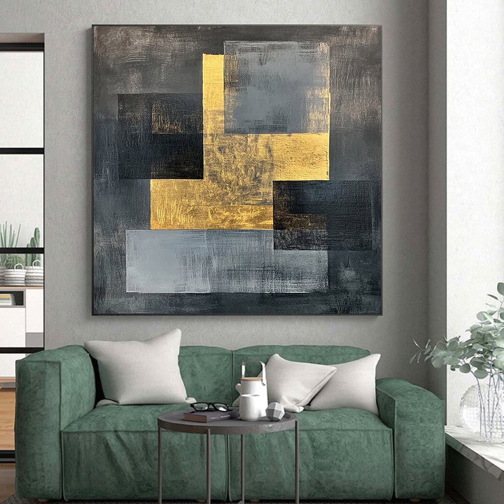 Gray, Black, Gold and White Geometric Fusion "Balanced Fusion" Painting On Canvas HB348