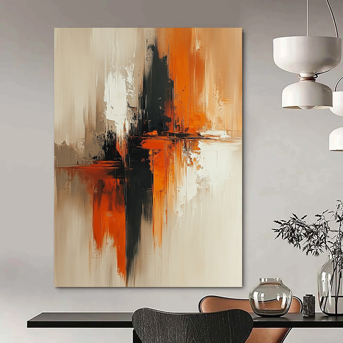 Contemporary abstract artwork features beige and rust tones, vertical composition, large brush strokes, soft edges, and blurred details on textured canvas. DLZ0727