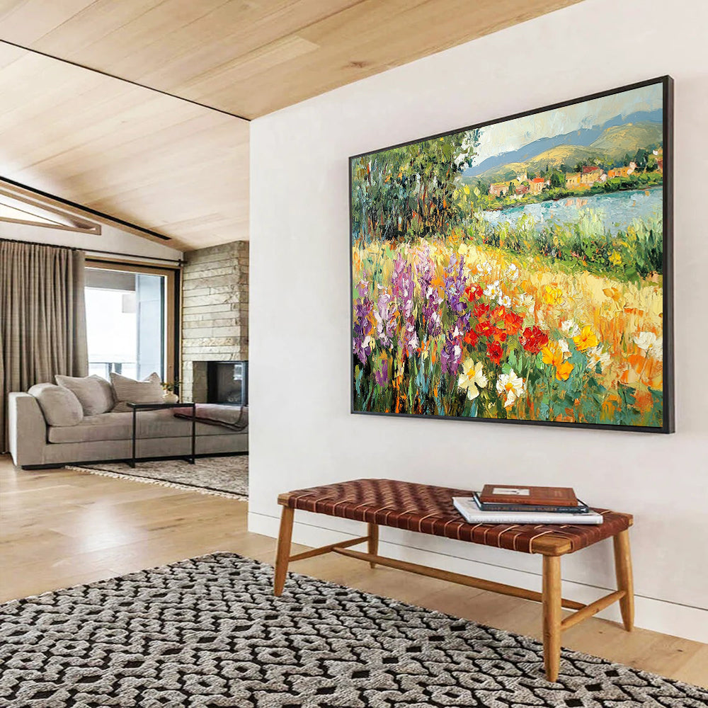 Flower - Filled Riverbank with Village View - Impressionistic Landscape Painting On Canvas HB0450