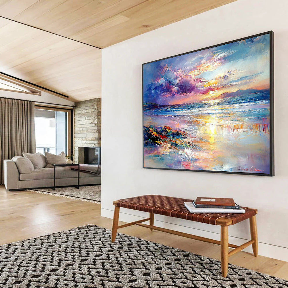 “Colorful Coastal Sunset” - Purple, Pink, Orange, Blue, Beach and Sky - Impasto Oil Painting HB1702