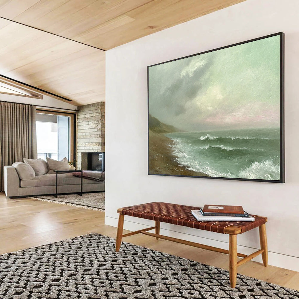 Green, Gray, Brown and White Misty Seaside "Moody Shore" Painting On Canvas HB0668