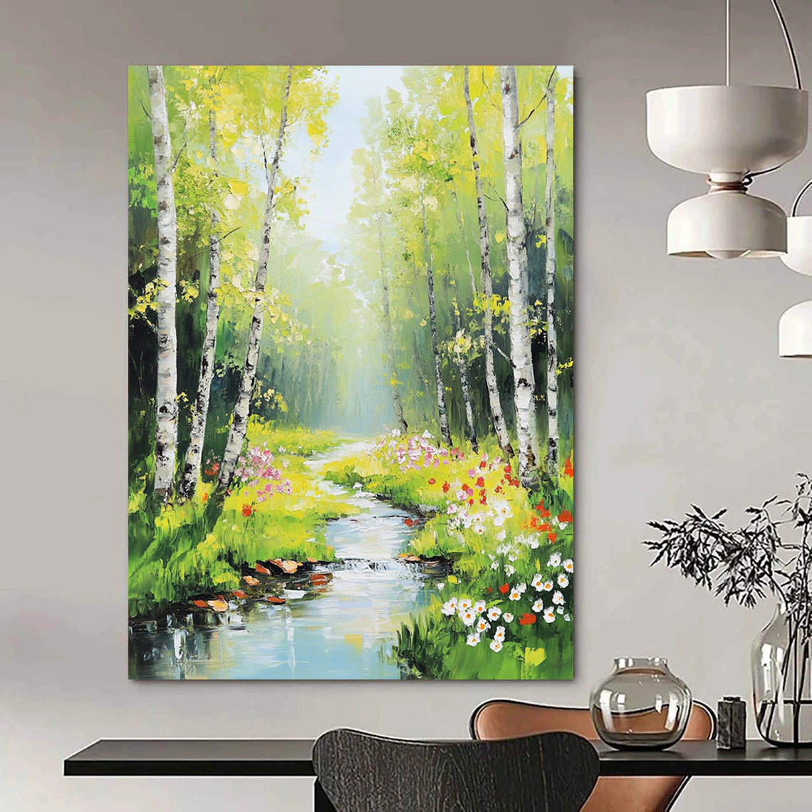 Vibrant contemporary hand-painted abstract artwork featuring birch trees and spring flowers illuminated by sunlight with a serene stream enhancing the natural beauty. DLZ1123