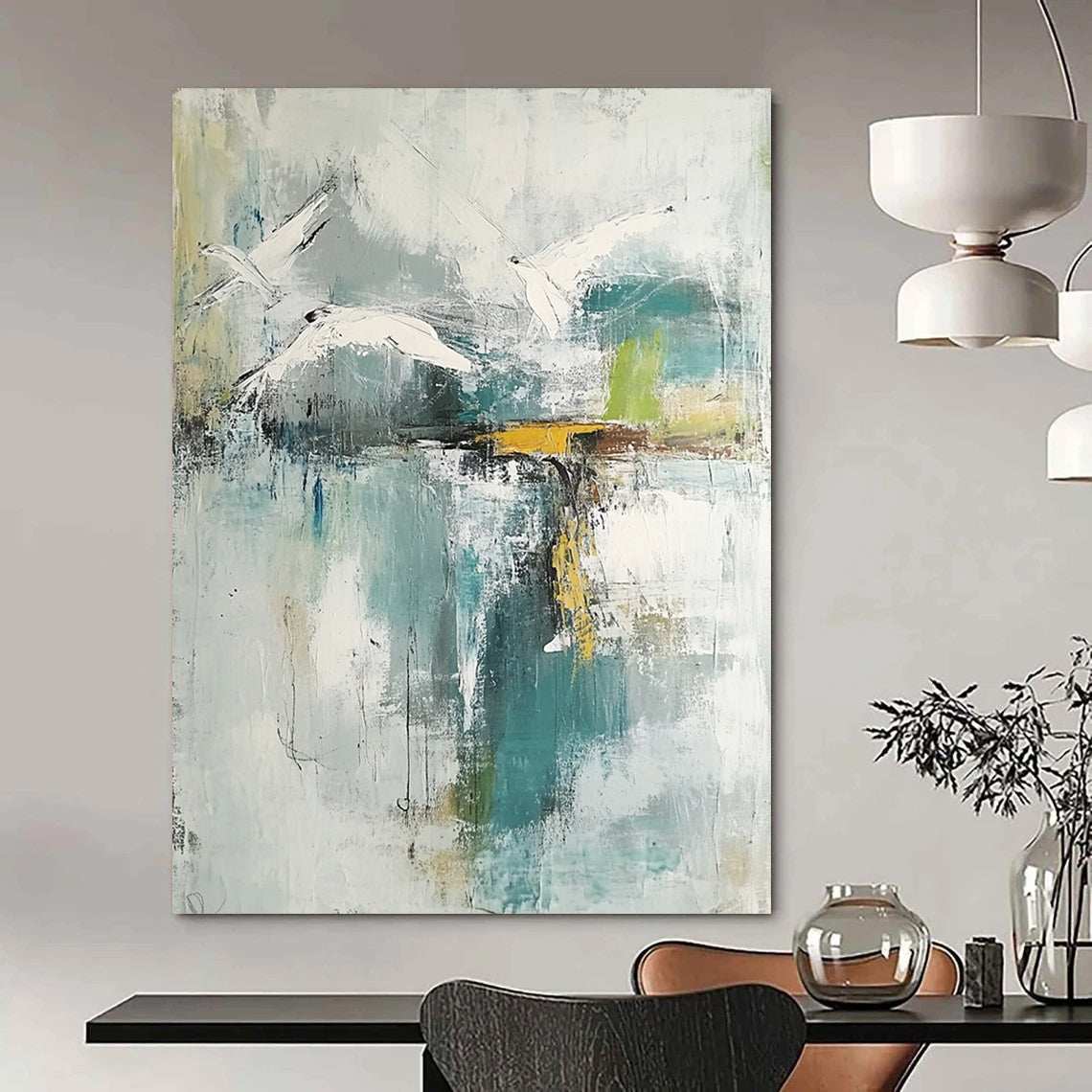 Contemporary hand-painted abstract artwork features neutral hues with teal and gold accents soft watercolors evoke birds over a lake with serene reflections. DLZ0758