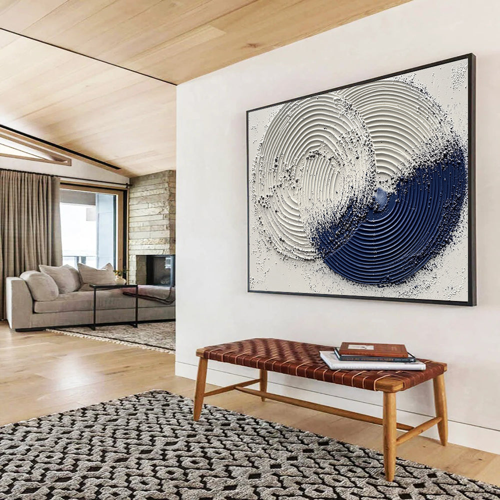 “Textured Circular Abstract” - White, Navy Blue with Raised Circles - Painting On Canvas HB1385