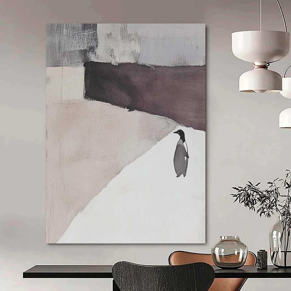 Contemporary hand-painted abstract artwork featuring an elegant white and gray landscape with a penguin silhouette and serene negative space. DLZ1725