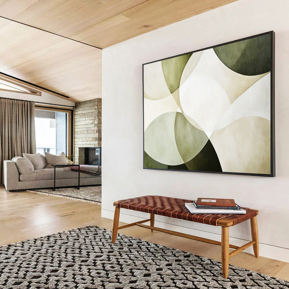 “Green - Beige Overlapping Circles” - Green, Beige, White with Circular Layers - Abstract Acrylic HB1361