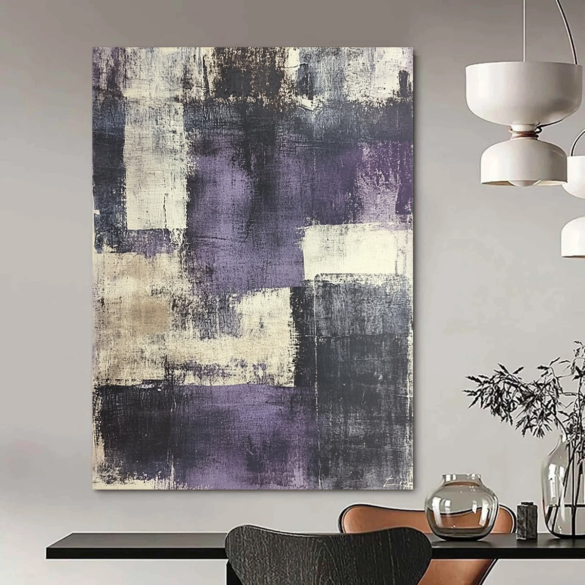 Contemporary abstract painting features urban landscape in grey and purple tones with distressed textures and vintage papers for a unique artistic touch. DLZ0589