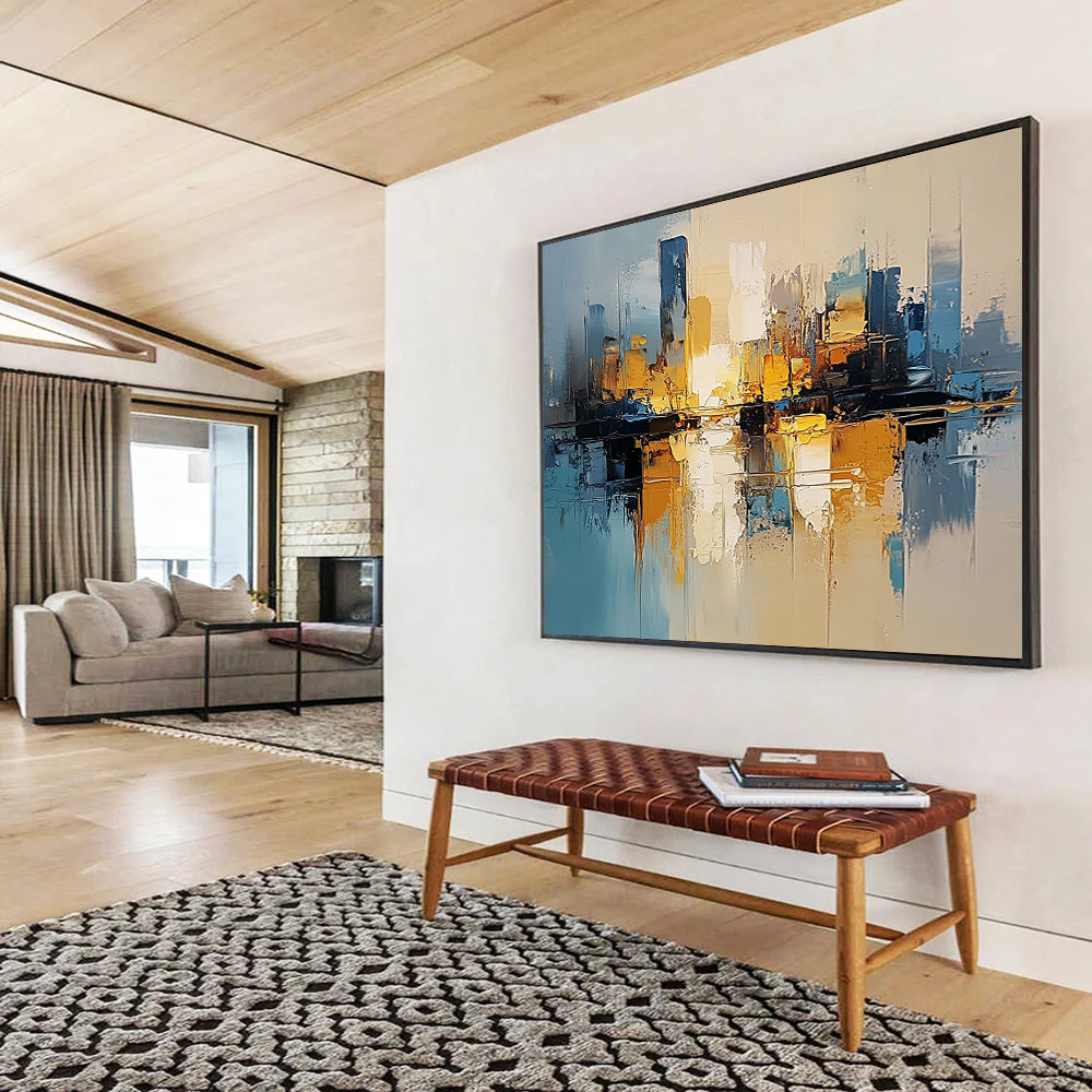 “Golden Skyline” - Blues, golds, whites; Abstract cityscape glowing at dusk; Impasto Oil Painting On Canvas HB1180