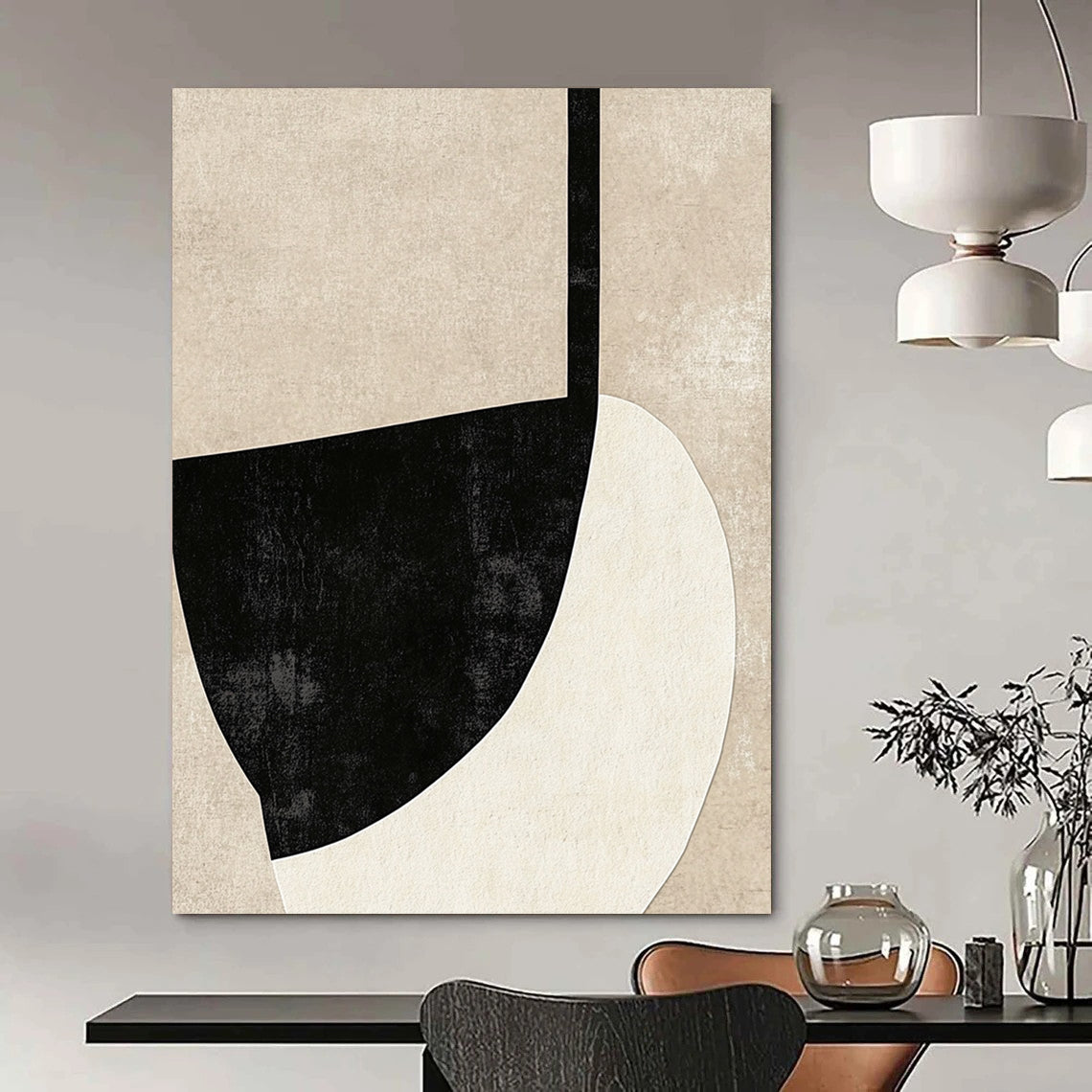 Contemporary hand-painted abstract artwork featuring bold black outlines on textured beige background ideal for minimalist wall decor. DLZ1467