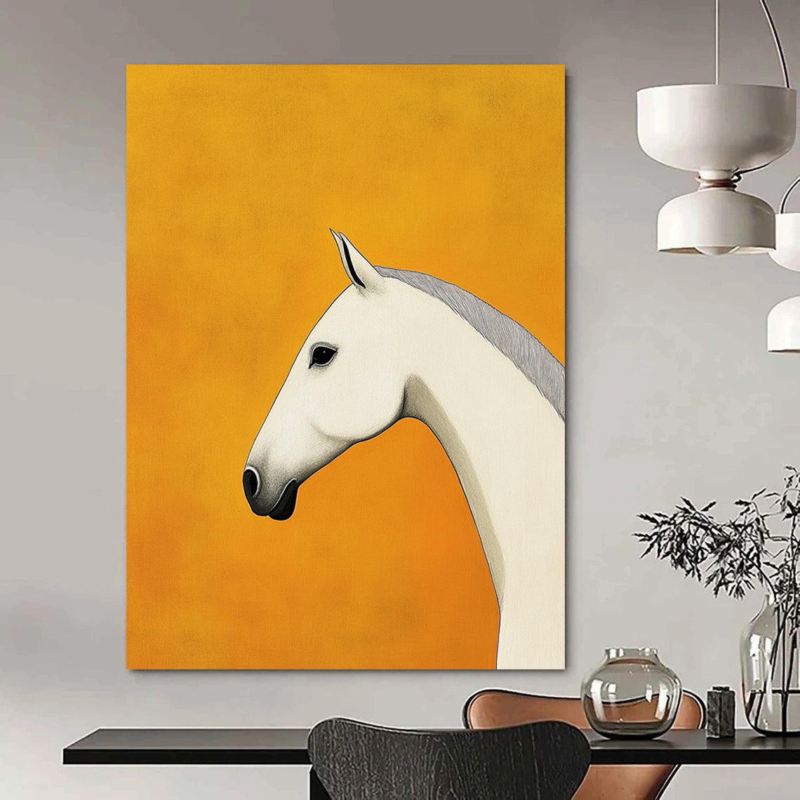 Contemporary hand-painted abstract art featuring a minimalist white horse design on a tranquil yellow background with clean lines and high-definition details. DLZ1513