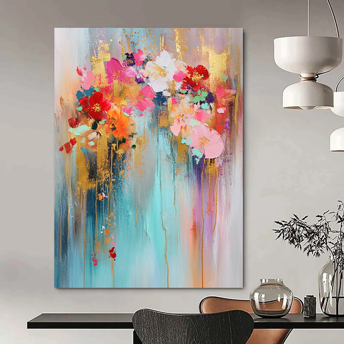 Contemporary abstract art featuring gold leaf bright colors light blue background pink and red flowers golden glitter delicate strokes and dreamy atmosphere. DLZ0742