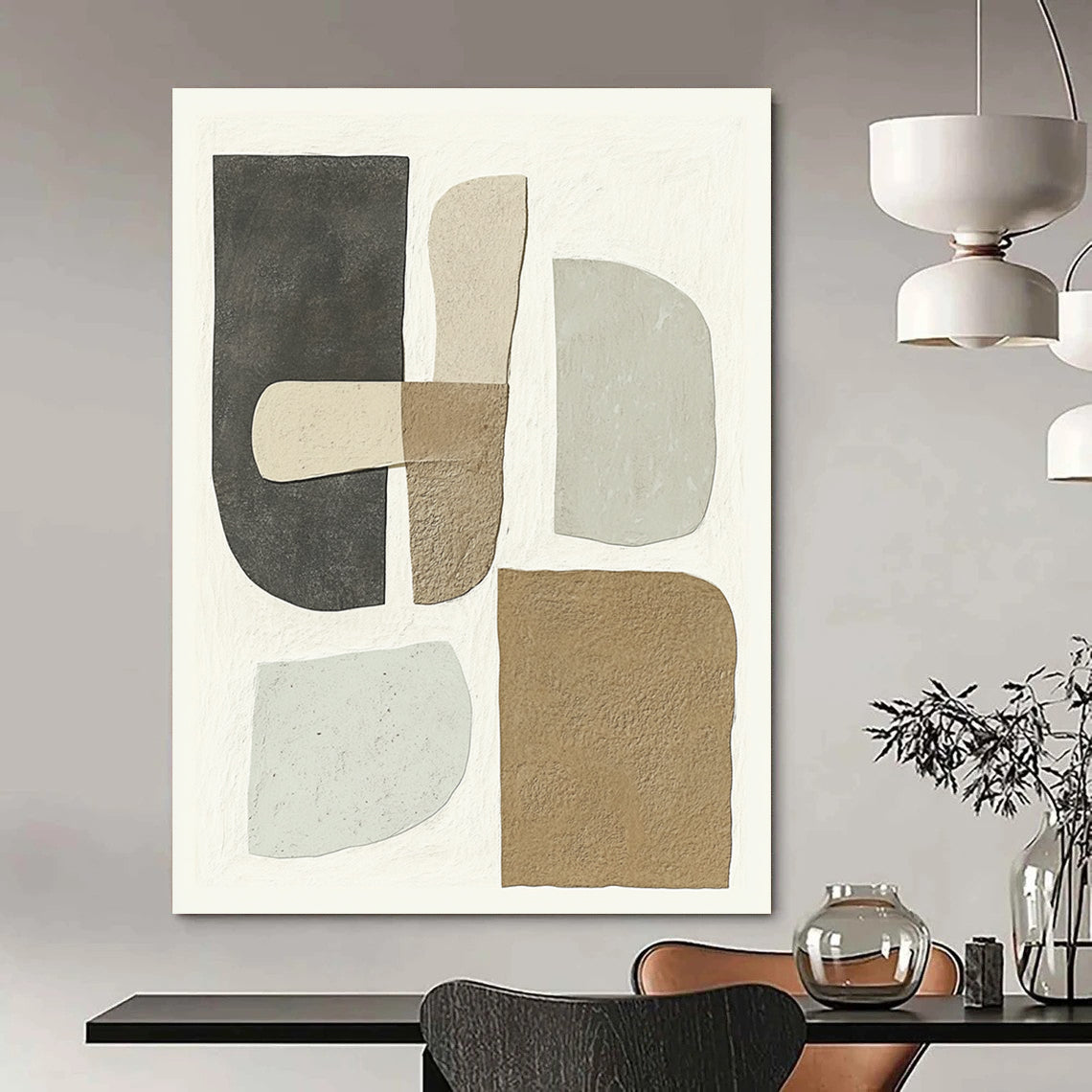 Contemporary hand-painted abstract artwork featuring minimalist shapes in soft gray beige and brown tones on a white background highlights unique textured forms. DLZ1344