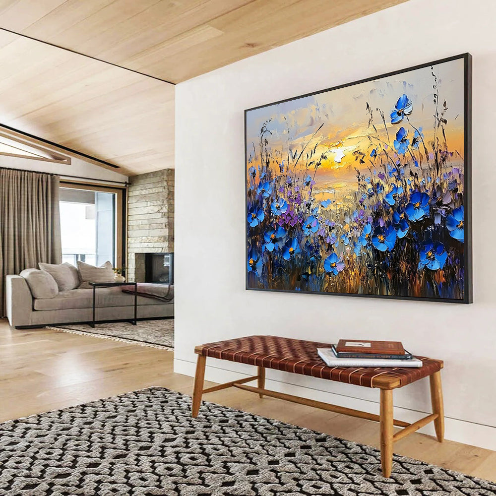 “Blue Flowers at Sunset Landscape” - Blue, Purple, Yellow, Floral Sunset Scene Painting On Canvas HB0846