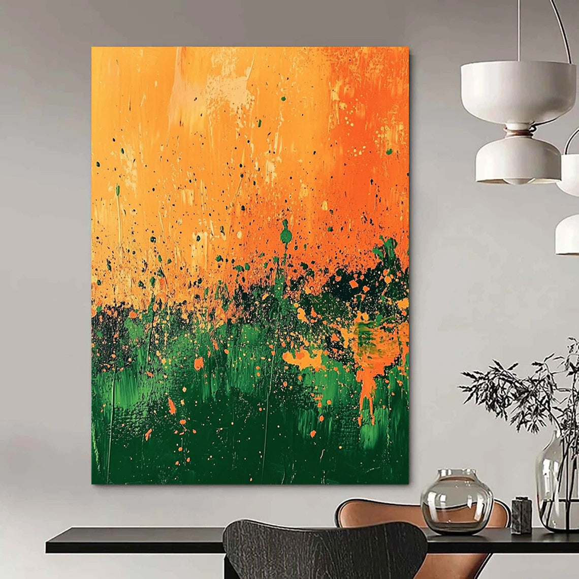 Contemporary abstract painting features vibrant orange and green landscape with splashes of gold and dynamic brush strokes under a surreal light. DLZ0498