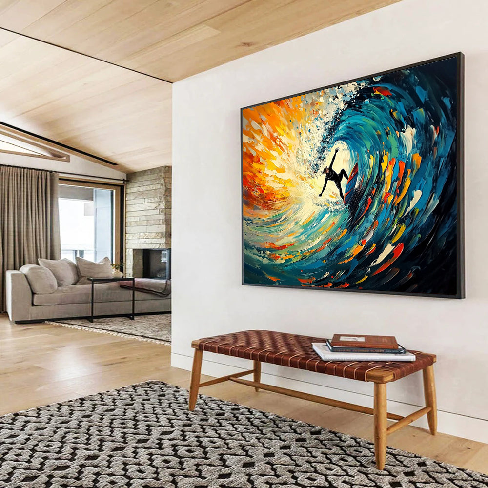 “Surfing The Color Wave” - Blue, Orange, Surfing Oil Painting On Canvas HB0722