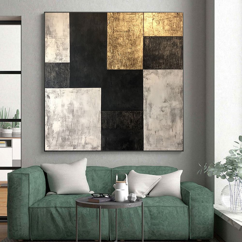 Black, White, Gold, Geometric Blocks "Gilded Monochrome Blocks" Abstract Geometric Painting On Canvas HB171