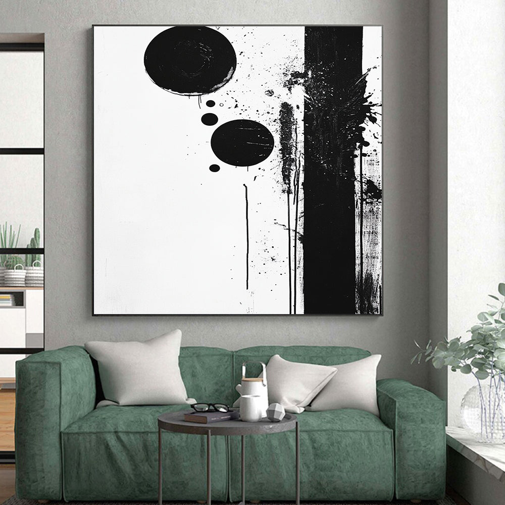 Black Circles, Dots & Splatter - “Dynamic Ink Spots” Painting On Canvas HB236
