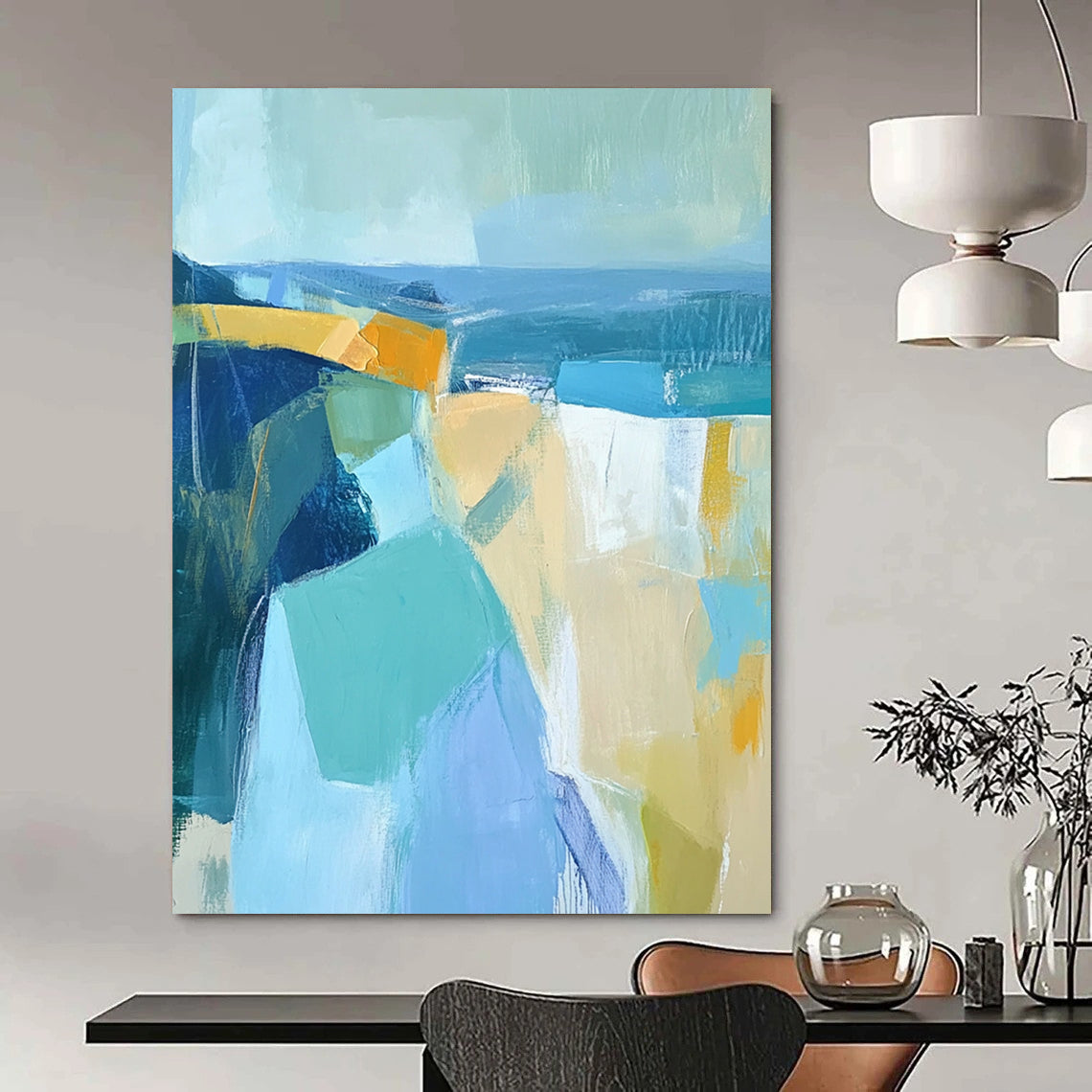 Contemporary abstract artwork features thick brushstrokes and geometric forms in muted blues and yellows, perfect for enhancing any modern space. DLZ0896