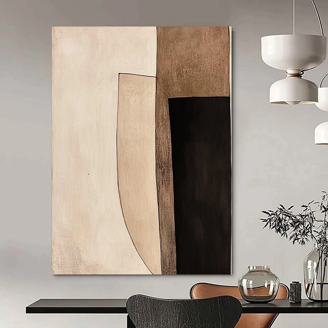 Contemporary hand-painted abstract art with geometric shapes featuring light brown and black tones bordered in white against a minimalist beige background. DLZ1424